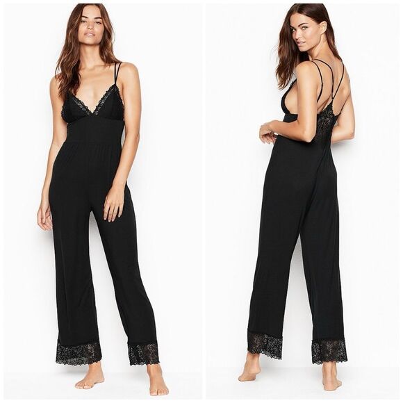 Victoria's Secret Heavenly Supersoft Modal Jumpsuit Lace Trim Large in Black - Picture 1 of 11